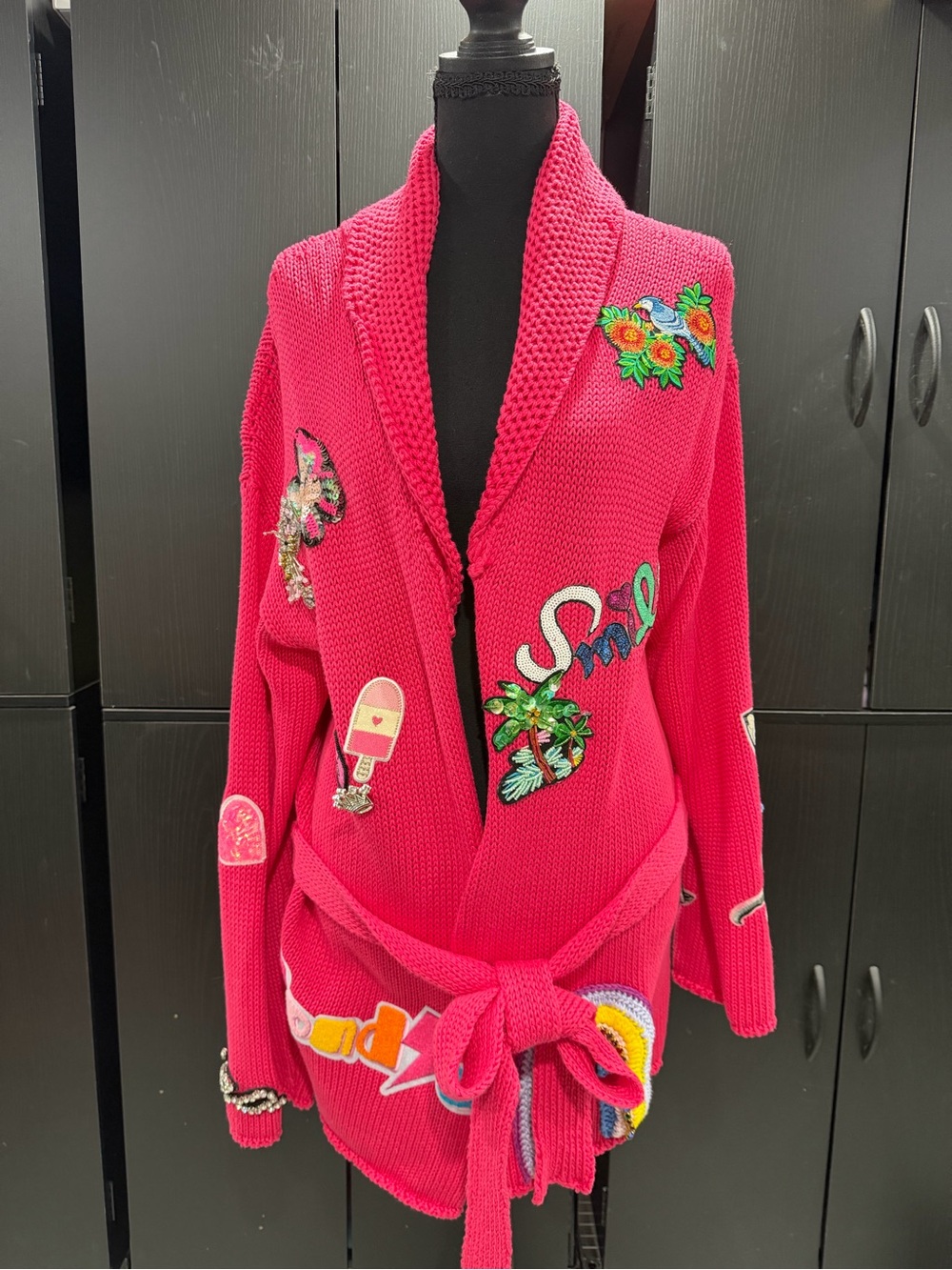 REGINA Embellished Hot Pink Shawl-Collar Tie-Waist Cardigan Sweater